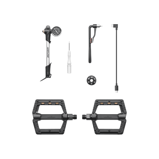 Kit de accesorios de bicicleta completa Amflow PL: incluye una llave de torque, bomba de aire para amortiguador, destornillador para instalación de tarjeta SIM, pedales y cable USB-C a USB-C (25 cm)